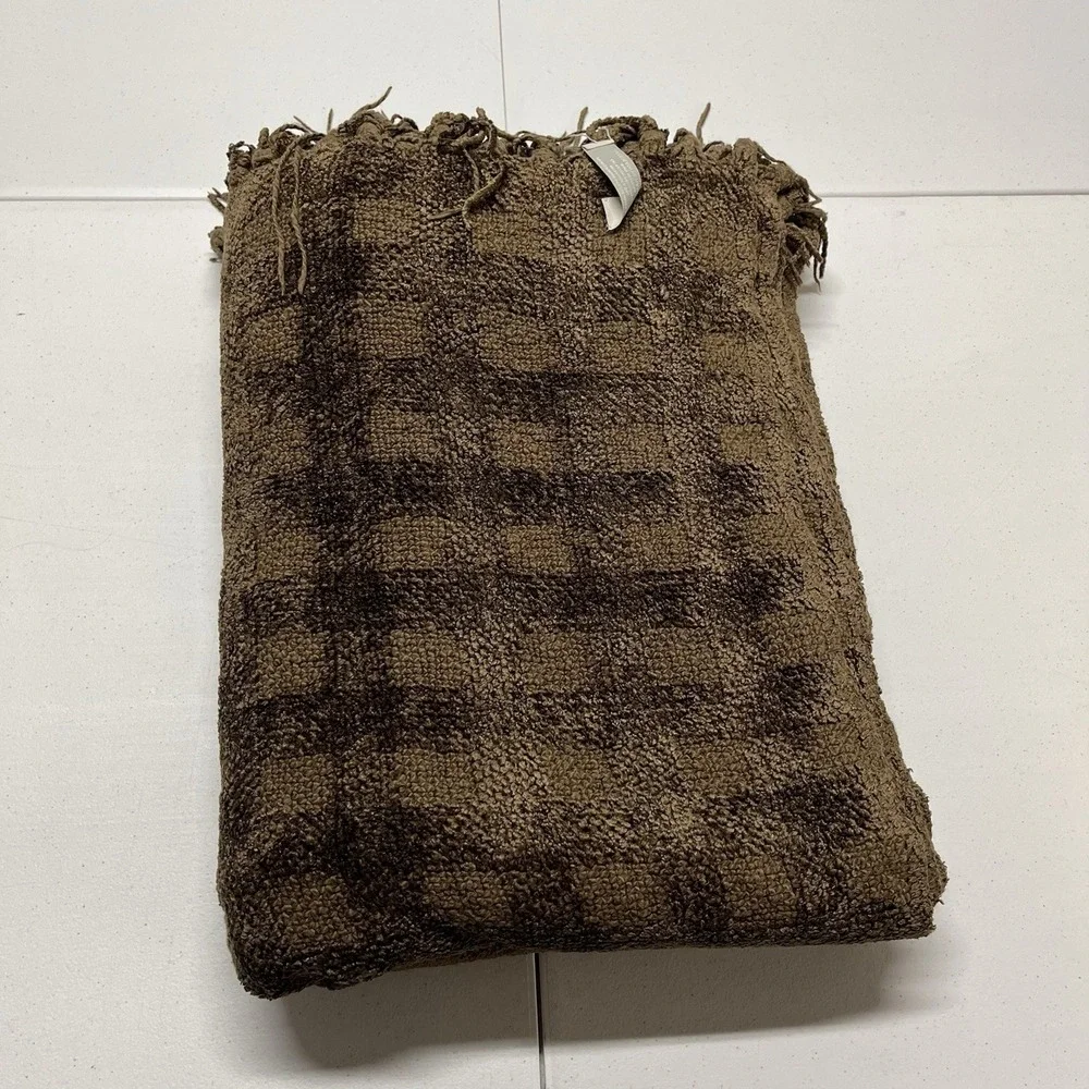 Restoration Hardware Chenille Blanket Brown Checkered Fringe Throw Soft Heavy